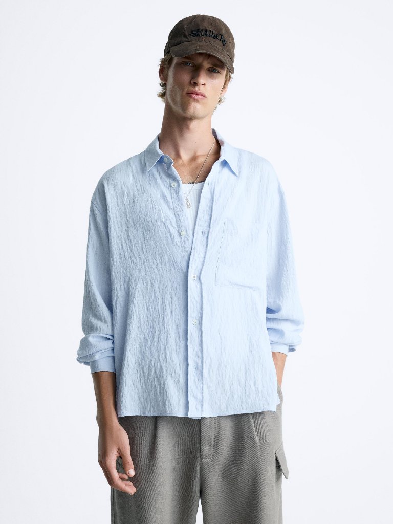 Zara Men's Jacquard Shirt Blue Small